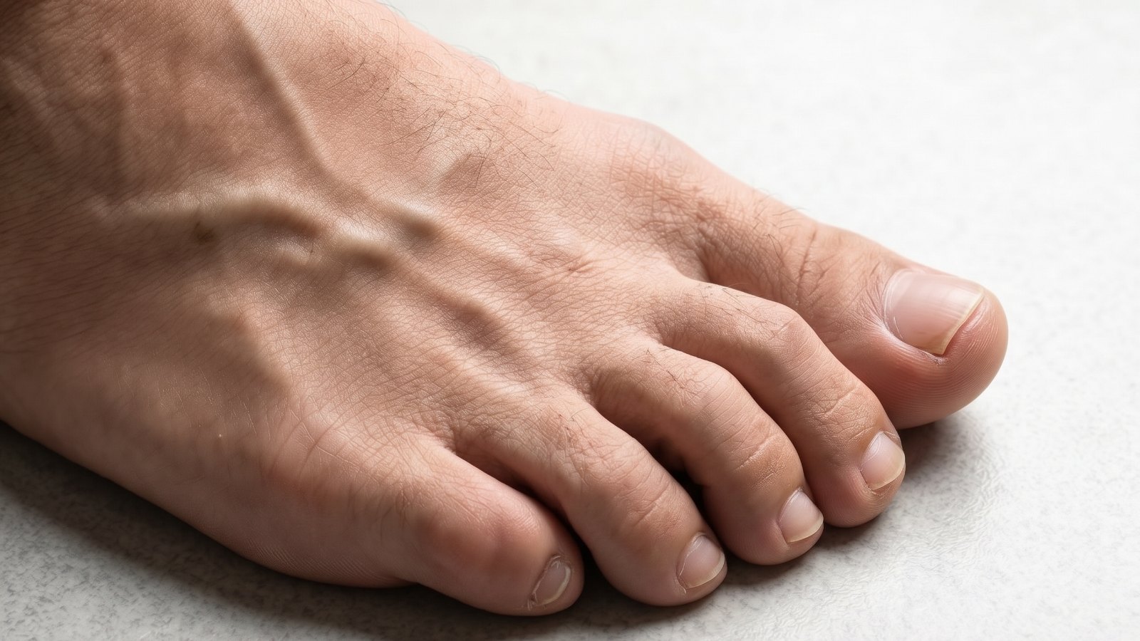 Pie con dedos en garra: los dedos menores se ven flexionados y los tendones extensores marcados en el dorso