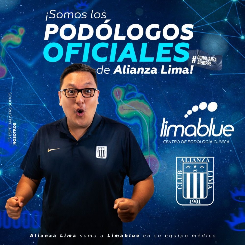 Gráfica oficial de Limablue como podólogos oficiales de Alianza Lima, con la frase "Alianza Lima suma a Limablue en su equipo médico"