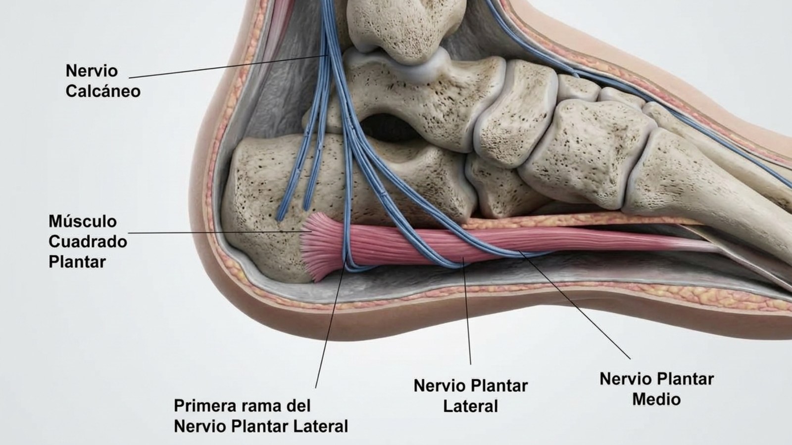 Ilustración anatómica del talón: la primera rama del nervio plantar lateral (nervio de Baxter), el nervio calcáneo y los nervios plantares